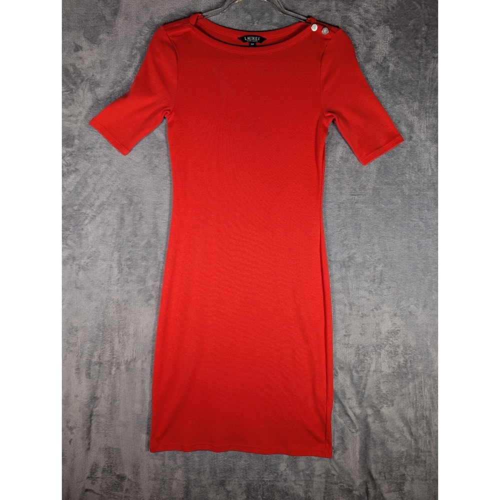 Lauren Ralph Lauren Red Ribbed Cotton Button Shoulder Sheath Dress Womens SP